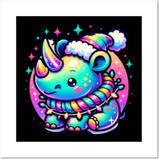 Rhinoceros Christmas Rhino Winter Kawaii Cute Chibi Posters and Art